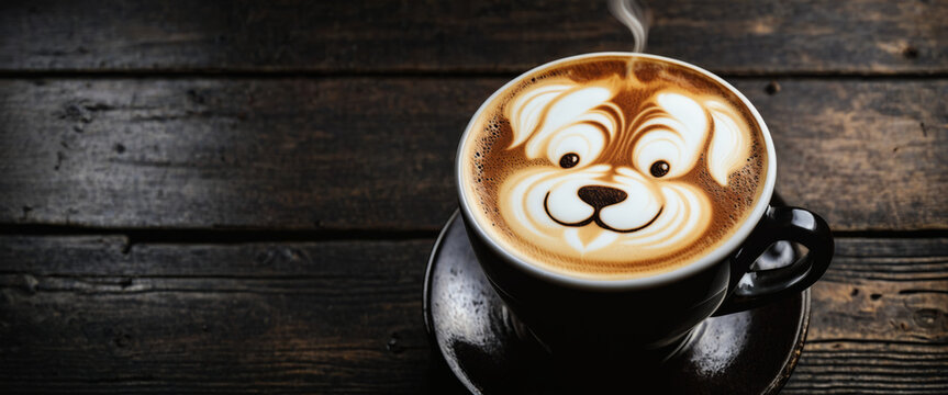 Coffee cup with dog shape latte art on black rustic wooden background