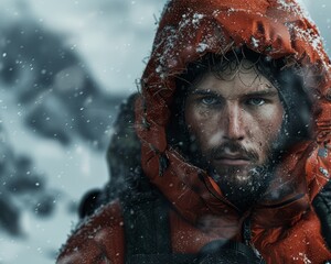 Portrait of a man in a red hooded jacket with frost on his beard and eyebrows