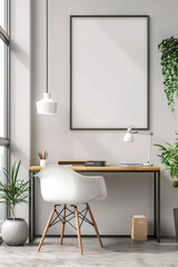 Minimalistic office room with bright decor and an empty white frame, providing a space for imaginative thinking.