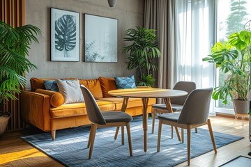 Cozy apartment interior with sofa, round table and chairs