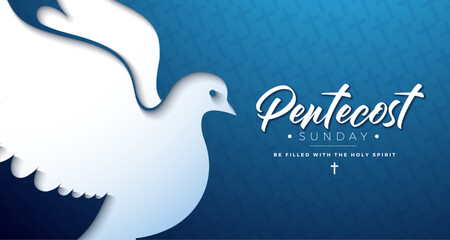 Pentecost Sunday Christian Holiday Illustration with White Flying Dove Symbol on Blue Background. Vector Holy Spirit Biblical Whitsunday Celebration Design with Typography Letter for Prayer Card