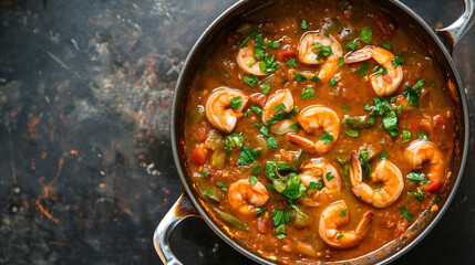Top view of a traditional New Orleans gumbo with shrimp in a pot on a dark background. French...