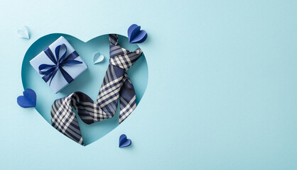 Celebrate Dad's special day with a dapper arrangement: top view of tie, hearts, and gift box, set against a pastel blue backdrop. Heart-shaped cutout adds a sweet touch