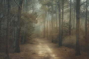 Fototapeta premium A narrow forest path disappearing into the distance, flanked by tall trees with minimal foliage. The muted color palette and soft natural light filtering through the canopy