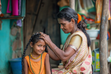 Affectionate Indian grandmother lovingly braids her young granddaughter's hair outside their home, showcasing generational bond