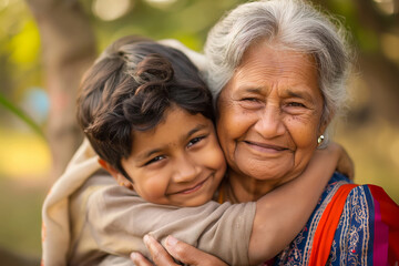 Fototapeta premium Close-up portrait of a joyful Indian grandmother hugging her smiling grandchild outdoors
