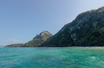 Tranquil scene of a tropical beach with lush mountains under a clear sky