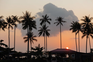Sun sets amidst a warm-hued sky, casting silhouettes of palm trees and a house. Koh Samui Island,...