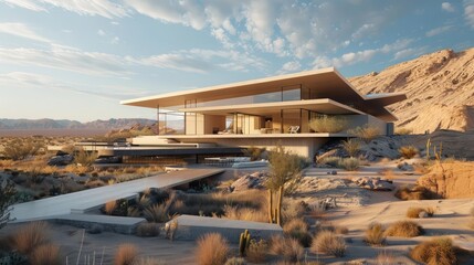 Fototapeta na wymiar A contemporary desert oasis with sleek lines and minimalist design, set against the backdrop of rolling dunes and endless skies, where luxurious interiors blend seamlessly with the natural beauty 