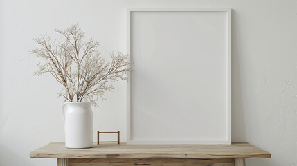 Minimalistic office room with bright decor and an empty white frame, providing a space for...