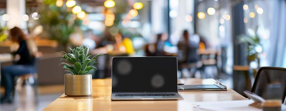 LAPTOP ON A TABLE IN A COWORKING ROOM. VIDEO. HORIZONTAL