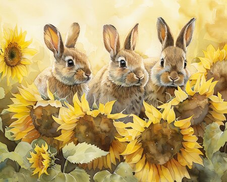 A family of rabbits hiding in a sunflower field, with watercolors capturing their playful essence