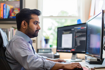 Focused Indian man in a dress shirt at his workstation with dual monitors