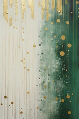 vertical painting with a minimalist pattern, with gold inserts, with texture, milky white and green color