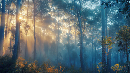 A forest with trees and sunlight shining through the trees - obrazy, fototapety, plakaty