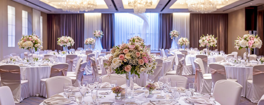 une grande salle &agrave; manger de mariage d&eacute;cor&eacute;e avec des fleurs et des drap&eacute;s blancs