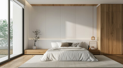 A bedroom with a white bed, a wooden nightstand, and a window
