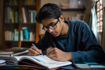 Focused Indian student organizing and taking notes from his textbooks in a study session