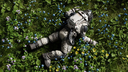 Astronaut is sprawled out on a vibrant green meadow dotted with colorful wildflowers, basking in sunlight. 3d render