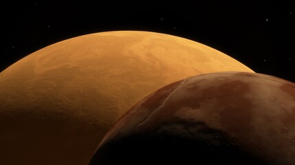 Space scene, large smooth orange planet looming over a cratered moon against a starry sky backdrop....