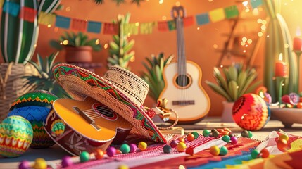 Cinco de Mayo, holiday in Mexico. cowboy sombrero hat, guitar, maracas, greeting background
