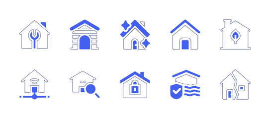 Home icon set. Duotone style line stroke and bold. Vector illustration. Containing house, home repair, property, home, home network, green house, cat house, home lock, search house, flooded house.