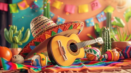Cinco de Mayo, holiday in Mexico. cowboy sombrero hat, guitar, maracas, greeting card