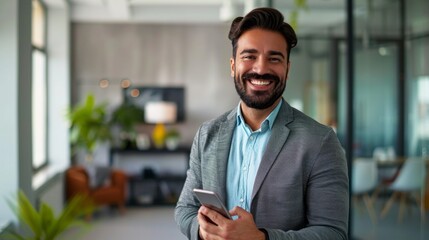 Naklejka premium Portrait of a smiling happy bearded businessman, manager, Analyst, Accountant, Entrepreneur, company employee, a man using a smartphone, looking at a camera and standing in a modern office
