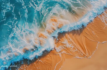 Top view of the beach with waves, with an aerial view of golden sand and turquoise water in between