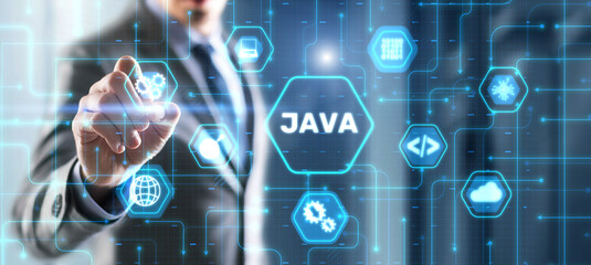 Businessman clicks Java programming language application concept on virtual screen - 791467756