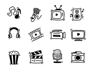 Set of audio and video doodles with black and white color. Cute hand-drawn video and audio vector elements