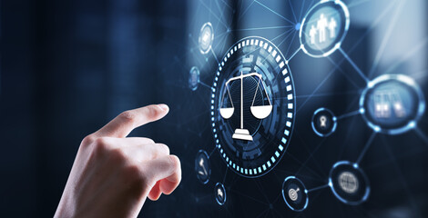 Justice and law concept. Icon Law on virtual screen. Blurred background - 791467939