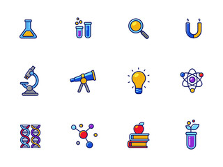 Set of science icons with colorful design on a white background. Linear color science icons