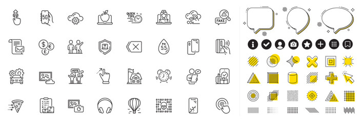 Fototapeta na wymiar Set of Swipe up, Quick tips and Money currency line icons for web app. Design elements, Social media icons. Headphones, Smartphone, Binary code icons. Vector