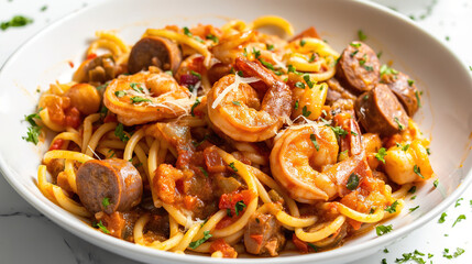 Jambalaya with Shrimp and Sausage over spaghetti, in a white bowl on a white table, close up, food...