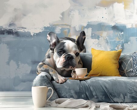 Delightful wallpaper depicting a French Bulldog drinking, illustrating the playful nature of this beloved dog breed in a domestic setting