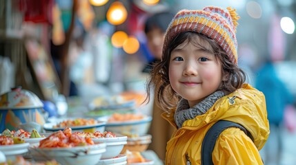 Children tasting their first Korean bingsu at a street market.