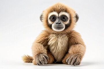 Adorable gibbon stuffed toy sitting, isolated on white background, 3D rendering