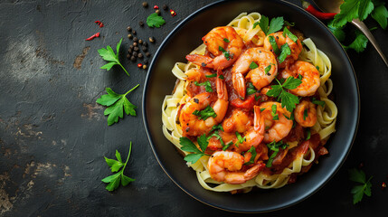 Fettuccine with tomato sauce and shrimps on dark background, top view. French pasta Gourmet food concept