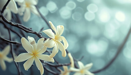 Vanilla leaf branch and flowers. Horizontal background for design, banner. Front view. Sunlight. 