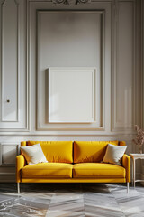 Vibrant and inviting, a sunflower yellow sofa stands out against a backdrop of neutral gray walls, with a blank white frame offering a space for personalization.