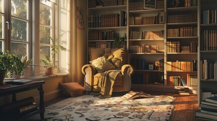 A cozy reading nook tucked away in a sunlit corner, with a plush armchair and floor-to-ceiling bookshelves overflowing with literary treasures,  - obrazy, fototapety, plakaty