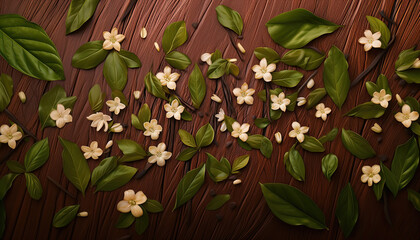 Vanilla leaf branch and flowers. Horizontal background for design, banner. Front view. Sunlight. 