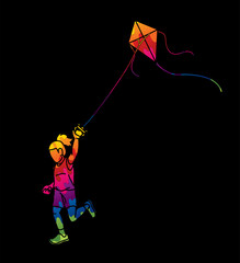 A Girl Running Fly a Kite Child Playing Cartoon Graphic Vector