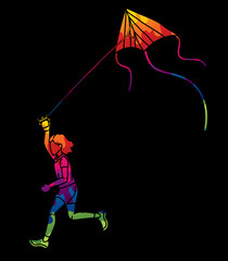 A Girl Running Fly a Kite Child Playing Cartoon Graphic Vector
