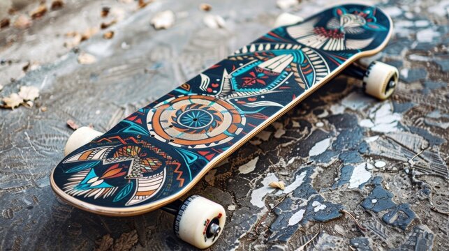 Blank mockup of a tribal print skateboard with a dreamcatcher design on the side .
