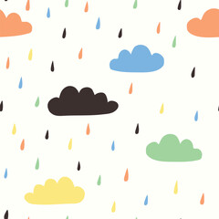 Cute hand drawn seamless pattern. Modern Scandinavian vector background. Simple textile design for kids clothes with clouds and raindrops