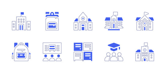 School icon set. Duotone style line stroke and bold. Vector illustration. Containing education, class, school bag, school, high school, lockers.