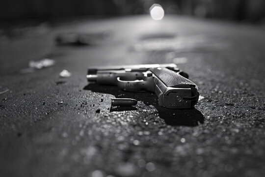 A handgun lies on a textured surface in monochrome, suggesting themes of violence or crime - Powered by Adobe
