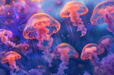 A group of glowing jellyfish float in the deep blue sea